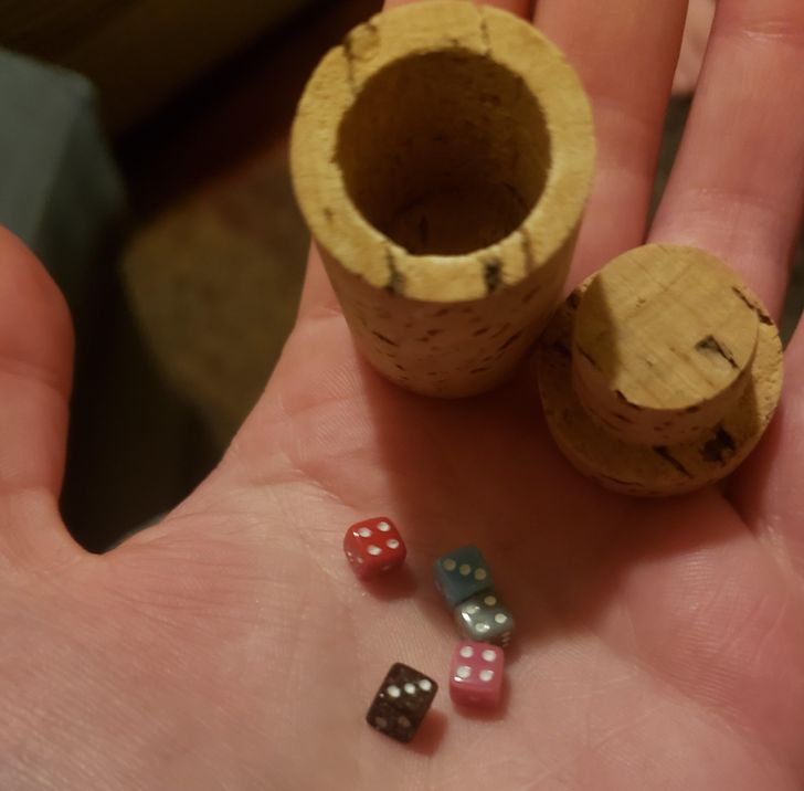 “The drink I ordered online came with a tiny set of dice packaged inside a hollow cork.”