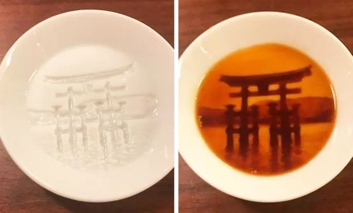 “The Itsukushima Shinto Shrine appears on the dish when soy sauce is poured on it.”