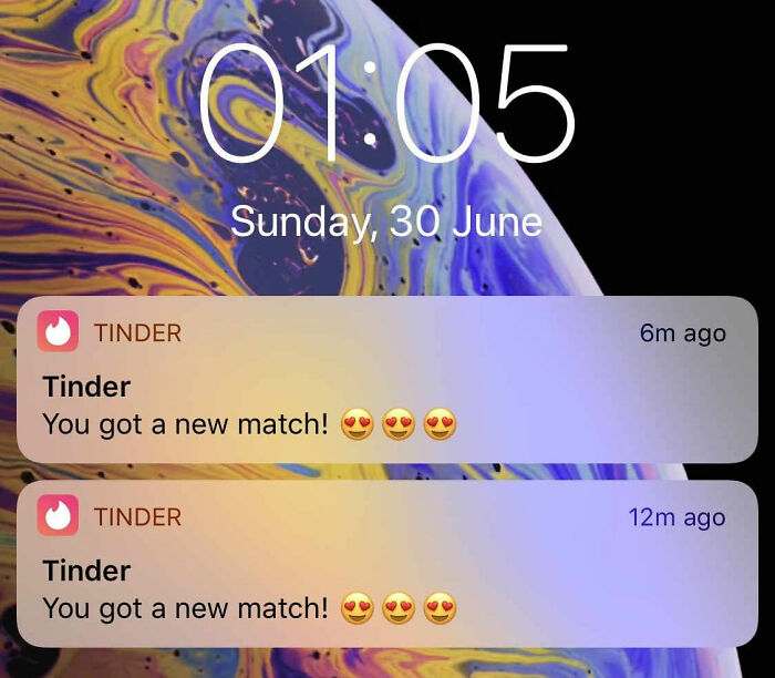 Tinder gives fake 'You got a new match!' notifications to get you to swipe more.
I have a theory that Tinder gives fake 'You got a new match!' notifications so people get excited and open Tinder, which leads them to swipe more.