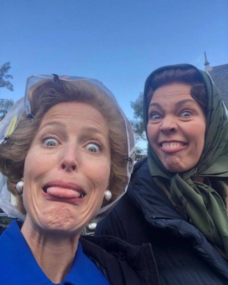 Gillian Anderson and Olivia Colman having fun during the shoot of The Crown