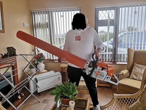 Me holding my dad’s new chainsaw, the most powerful production chainsaw in the world, the Stihl MS881. 5’7 from the tip of the bar to the handle