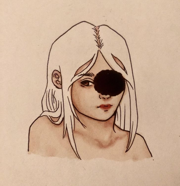 “I was trying out my new Copic markers, and a giant ink drop fell while I was finishing the eyes.”