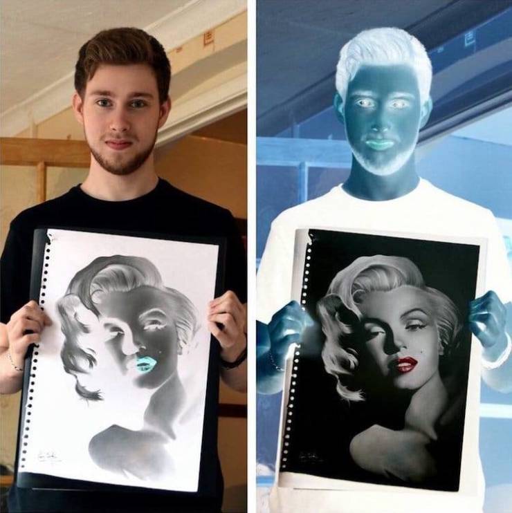 “Artist Liam York creates portraits known as “negative drawings” that appear to magically come to life when the colors are inverted.”