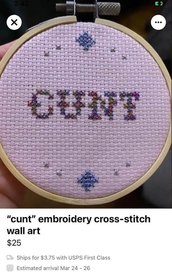 needlework - L2 "cunt" embroidery crossstitch wall art $25 Ships for $3.75 with Usps First Class Estimated arrival Mar 24 26