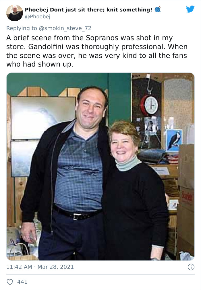 shoulder - Phoebej Dont just sit there; knit something! A brief scene from the Sopranos was shot in my store. Gandolfini was thoroughly professional. When the scene was over, he was very kind to all the fans who had shown up. 441