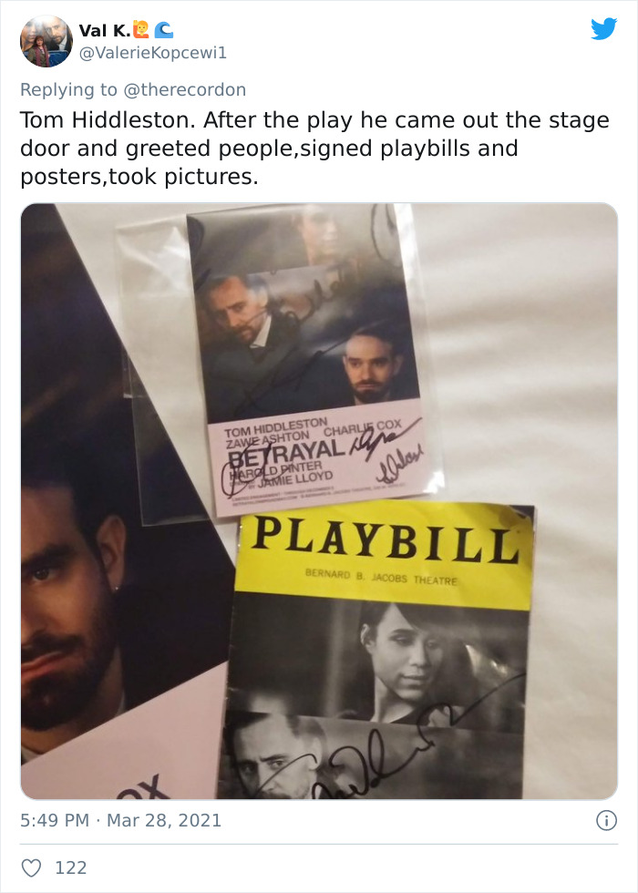 poster - Val K.ec Tom Hiddleston. After the play he came out the stage door and greeted people,signed playbills and posters,took pictures. Tom Hiddleston Zave Ashton Charls Cox Betrayalam Harold Pinter Jamie Lloyd Close Playbill Bernard B. Jacobs Theatre 