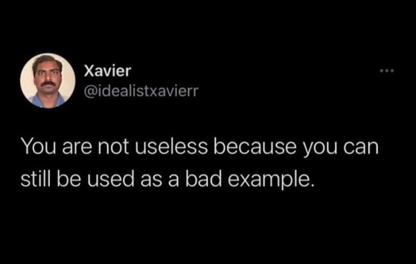 haha jk unless meme - Xavier You are not useless because you can still be used as a bad example.