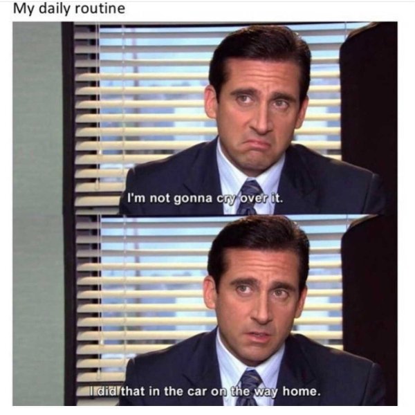 funny office quotes - My daily routine I'm not gonna cry over it. Idiarthat in the car on the way home.