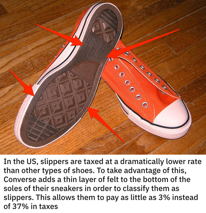 clever ideas - outdoor shoe - In the Us, slippers are taxed at a dramatically lower rate than other types of shoes. To take advantage of this, Converse adds a thin layer of felt to the bottom of the soles of their sneakers in order to classify them as sli