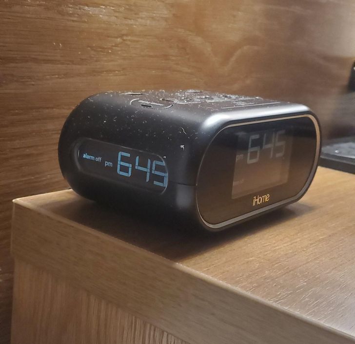 “This hotel alarm clock has a side view next to the bed so you don’t have to spin it around to see the time.”