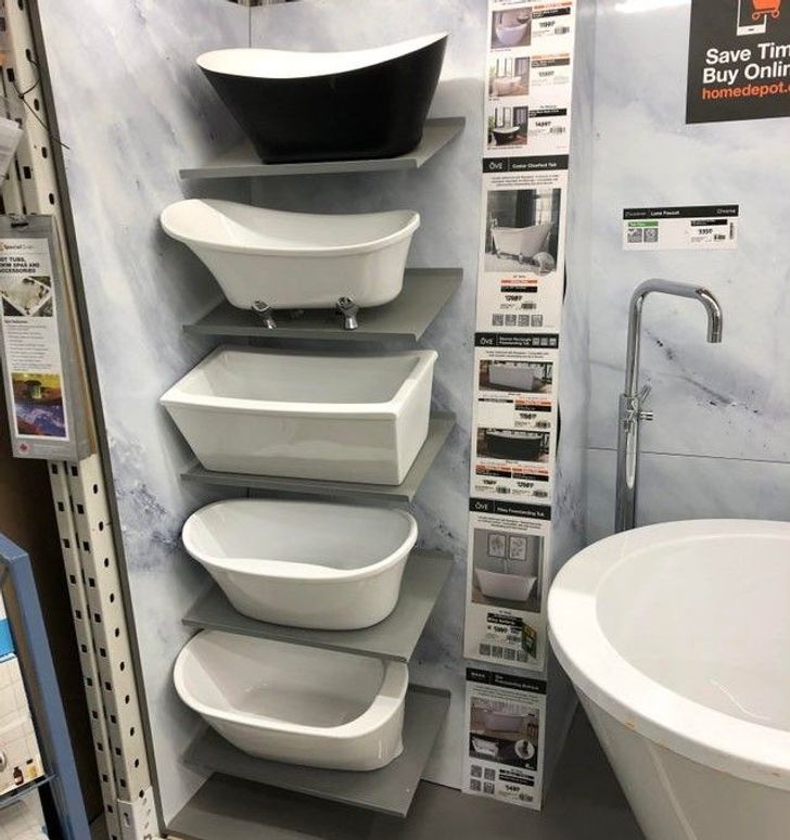 “This Home Depot has little mini bathtubs for display purposes.”
