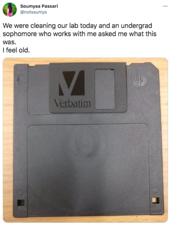 floppy disk - Soumyaa Passari We were cleaning our lab today and an undergrad sophomore who works with me asked me what this was. I feel old. V Verbatim