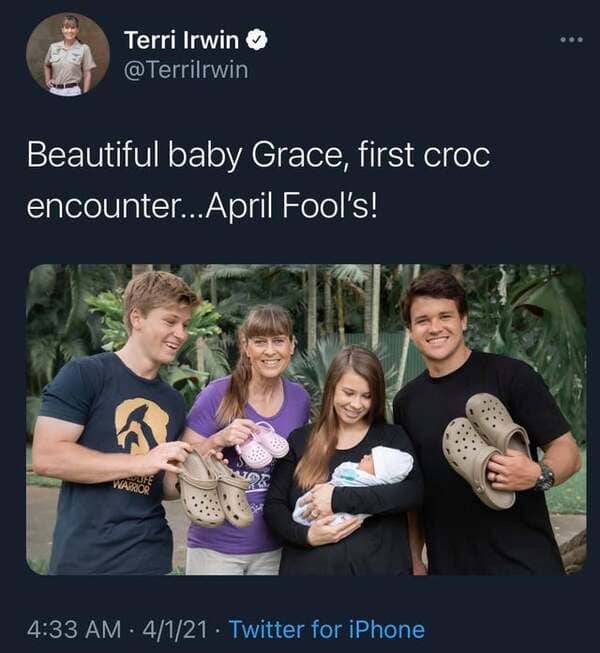 photo caption - Terri Irwin Beautiful baby Grace, first croc encounter... April Fool's! Warrior 4121 Twitter for iPhone