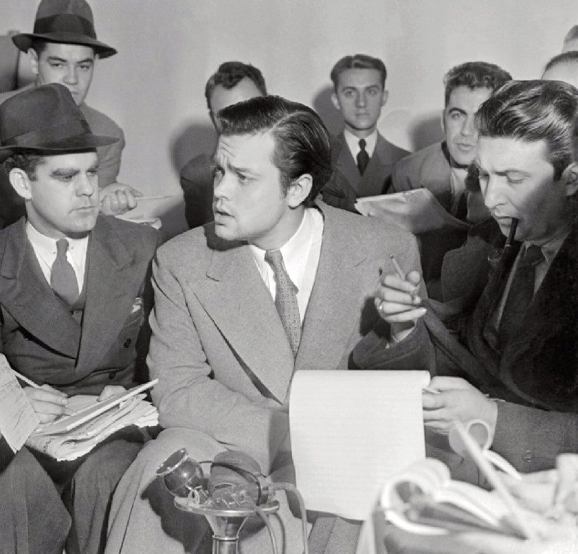 Orson Welles explaining to journalists that he had not intended to cause panic with his ‘War of the Worlds’ broadcast. 1938
