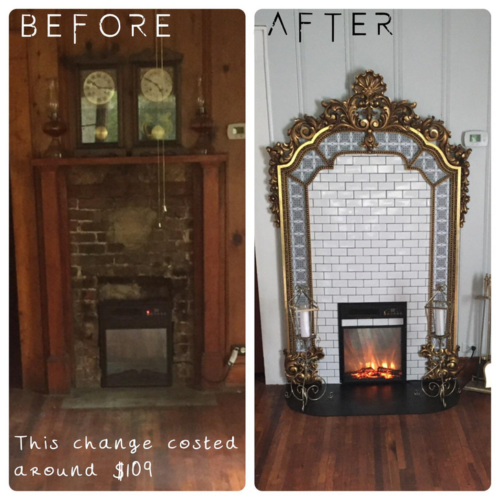 “The before and after of the fireplace in my living room.”