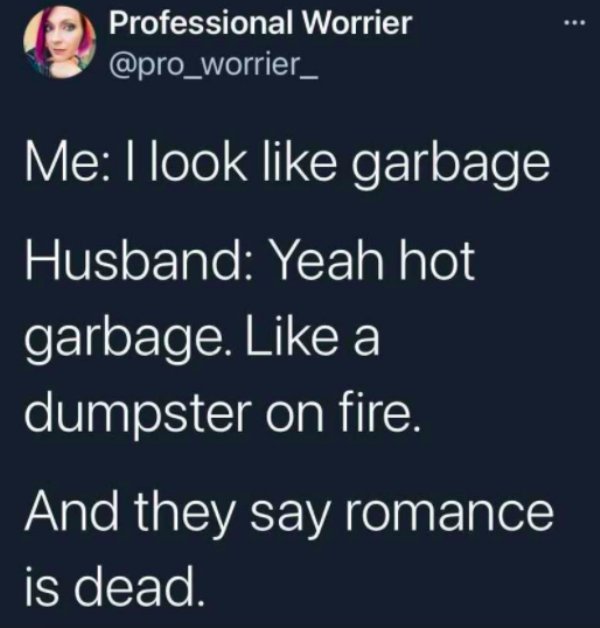 presentation - Professional Worrier Me I look garbage Husband Yeah hot garbage. a dumpster on fire. And they say romance is dead.