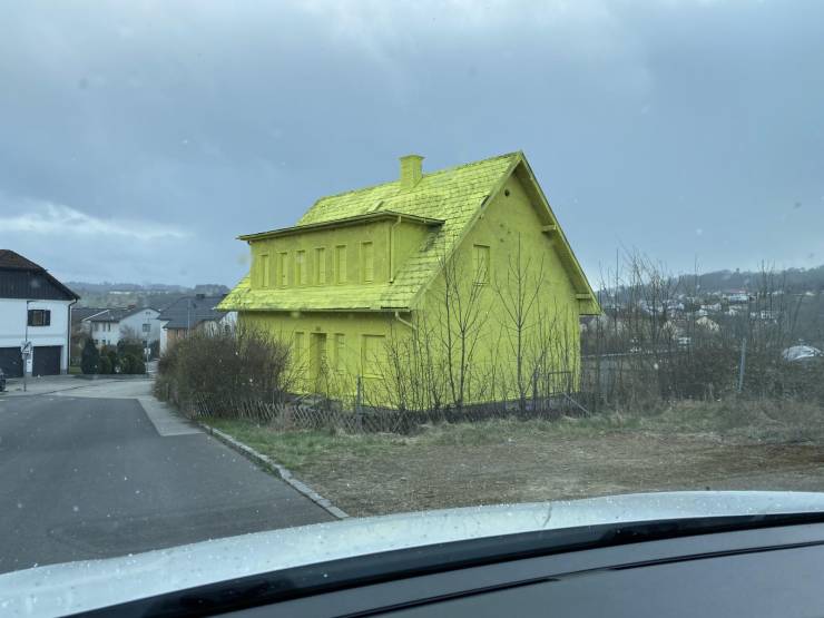 “A whole house covered in neon yellow spray paint ... for some reason.”