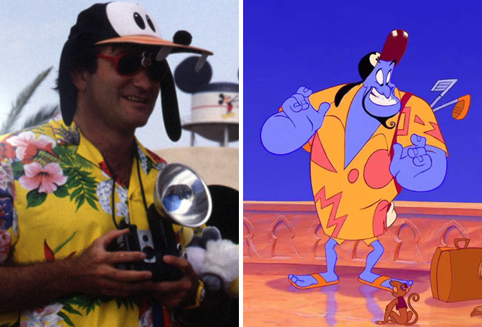 In Aladdin, Genie wears a Hawaiian shirt and Goofy hat near the end of the film as a tribute to Robin Willams’ outfit in the 1989 short “Back To Neverland” that was filmed for Disney’s MGM Studios.