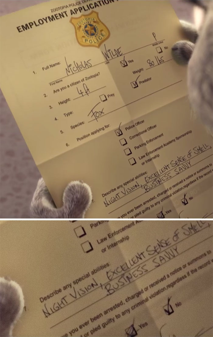 In Zootopia, Nick first answers "yes" when asked if he's ever been arrested, and then crosses over it.