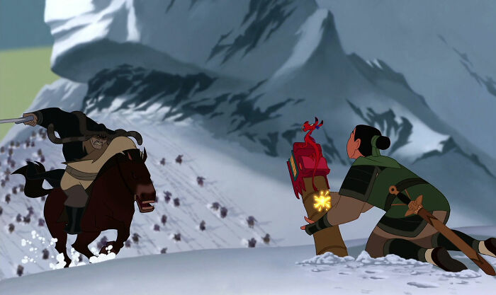In Disney's Mulan (1998) - Mulan is told "A girl can bring her family great honor in one way...by striking a good match." Both of Mulan's victories over the Huns involved lighting explosives.