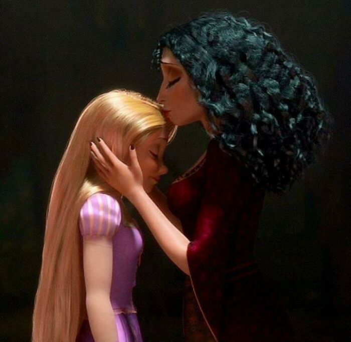 In Disney’s Tangled, after Mother Gothel says “I love you most” to Rapunzel instead of kissing her forehead Mother Gothel kisses Rapunzel’s hair, which is her source of youth.