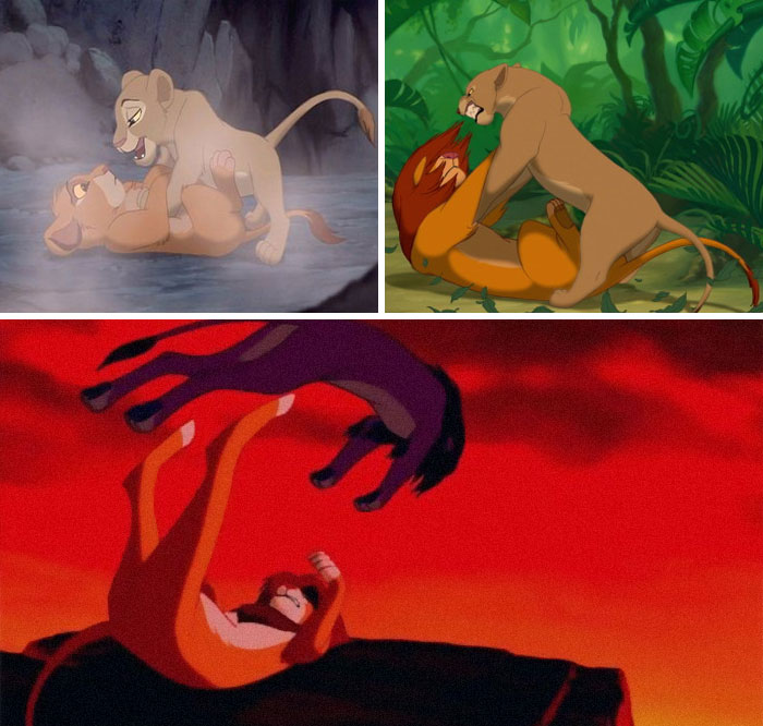 In The Lion King, (1994) Nala used her anti-pounce maneuver on Simba as a cub and a grown lioness. When he fights Scar at Pride Rock, Simba finally puts the maneuver to good use.