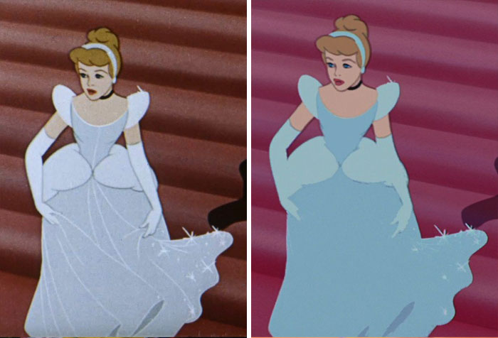 The blu-ray version of Disney’s Cinderella(1950) has been so scrubbed of grain that it removed some of the line work within some scenes.