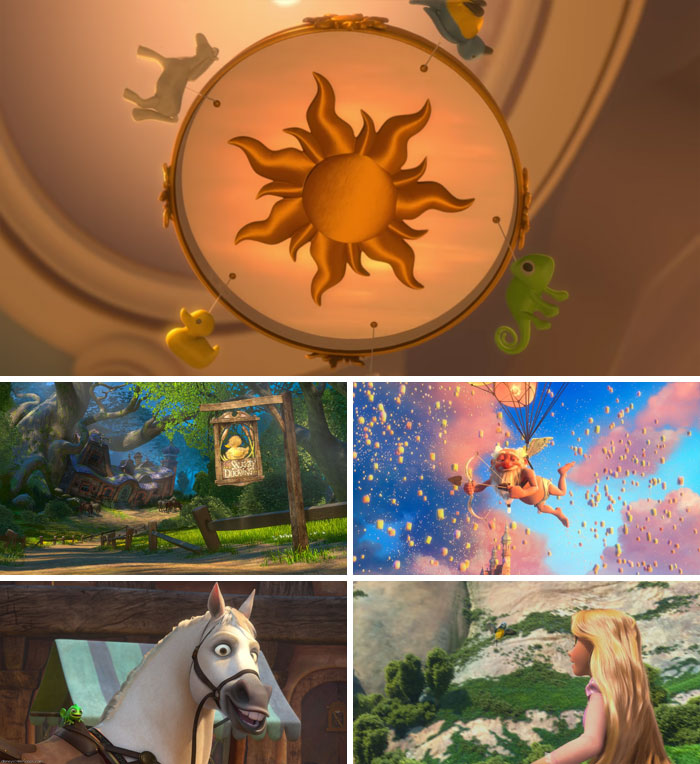 In Disney’s “Tangled”, Rapunzel’s crib mobile shown in the beginning of the movie foreshadows scenes and characters we see throughout the rest of the film.