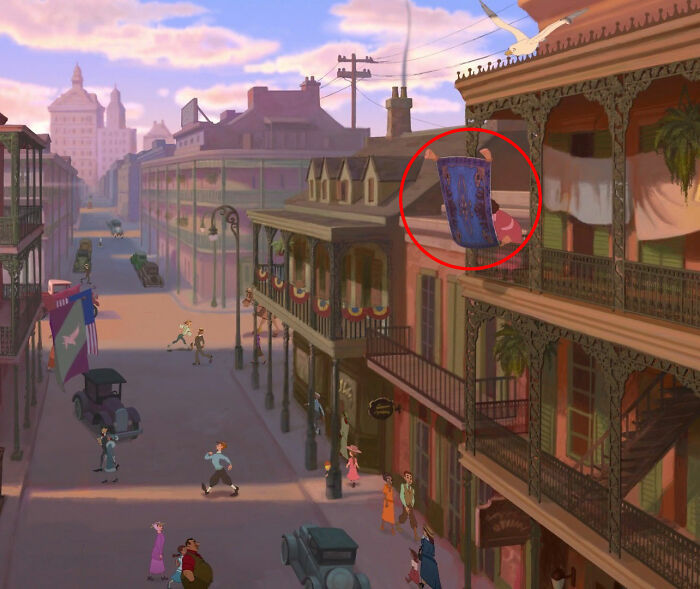 In The Princess and the Frog, when Tiana is going to her second job, the Magic Carpet from Aladin is the floor rug an old lady is shaking out.
