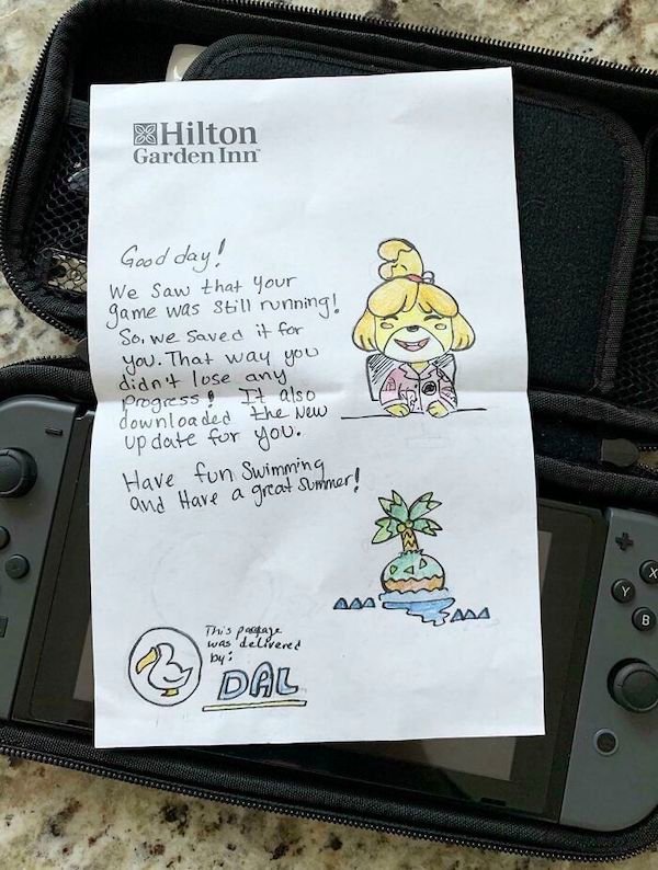 Forgot my Switch at a hotel, they returned it with this note