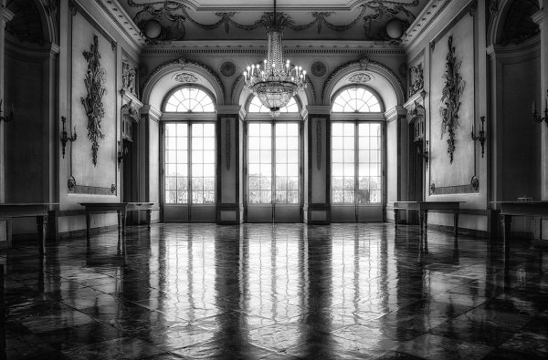 mansion interior black and white