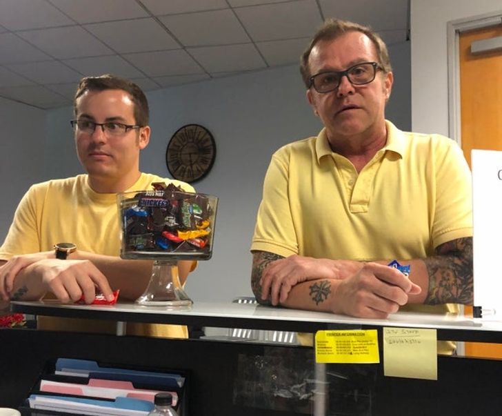 “Co-workers hit the candy bowl at the same time.”