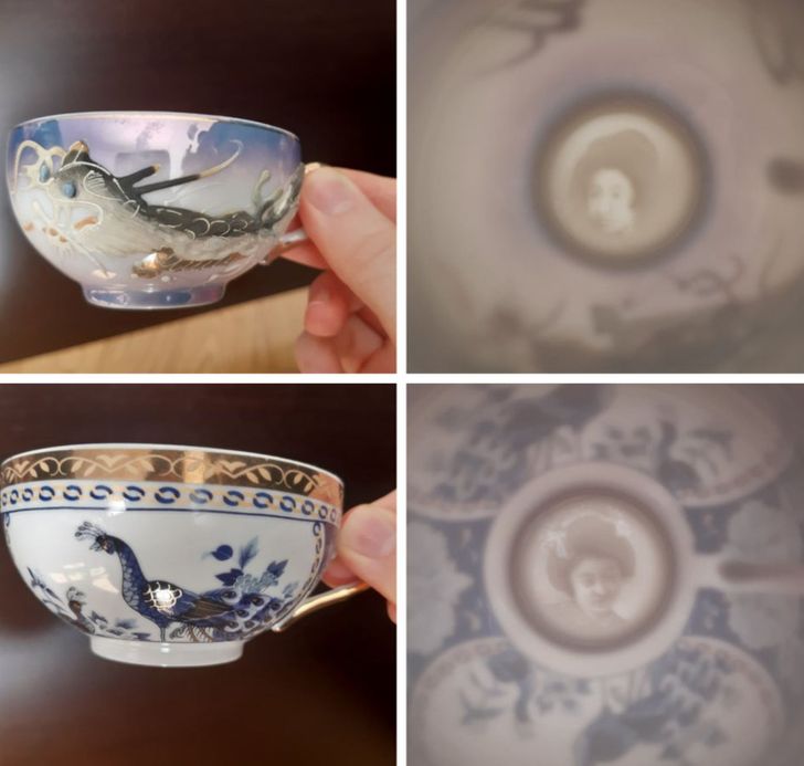 “My grandma’s Chinese teacups where you can see a woman’s face when you put them against the light (from 2 different sets)”
