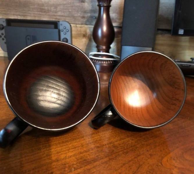 “The wear of the wooden coffee cup I’ve used for 3 years (left) vs a brand new, identical cup (right)”