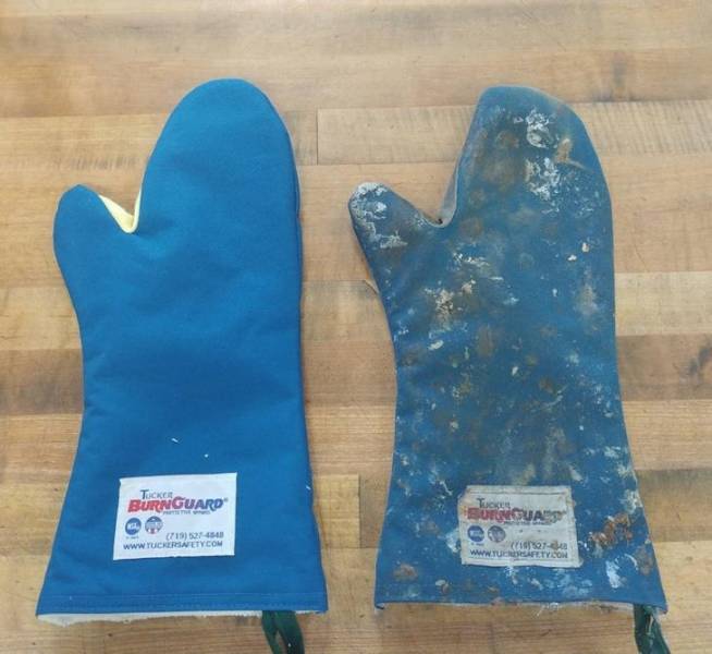 “A new oven mitt vs a 1-year-old mitt in a commercial bakery”