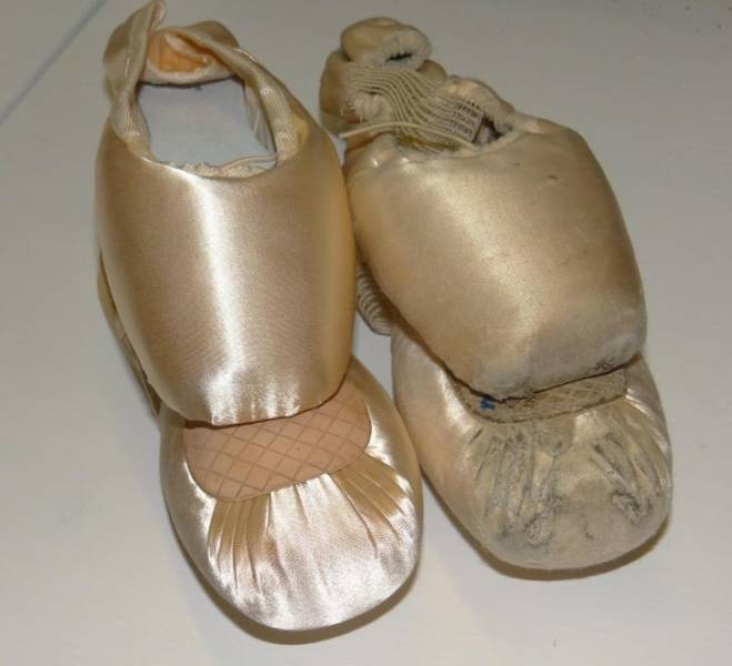 “My pair of pointe shoes, same brand, new vs used for 2 months”