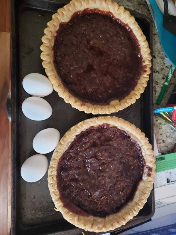 See those eggs? They are supposed to be in the pies. I made two hot oily chocolate garbage circles.