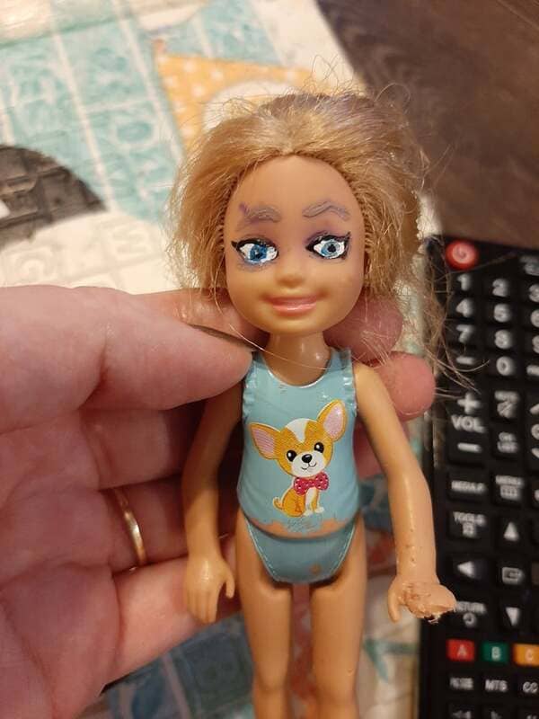 Accidentally got acetone on my daughters favorite doll and made her cry when her entire face wiped off. Saw a youtube video about redoing Barbie faces. Thought I could do it. I cant. Now its a thing of nightmares and I feel even worse.