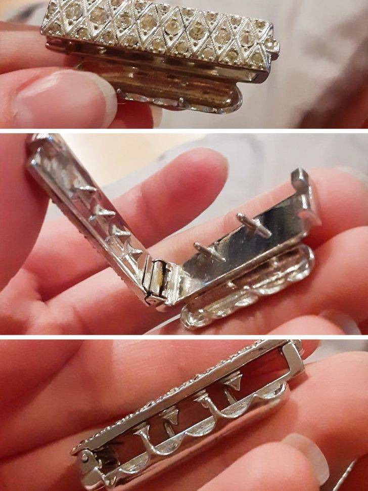 “What’s this clip thing? I’ve found it on a lot of vintage jewelry I bought online.”
The answer: "It’s a dress clip. Often worn in pairs and usually clipped on around the neck of a dress, blouse, or coat. Made so as to not make a hole in the cloth, as a brooch would do."