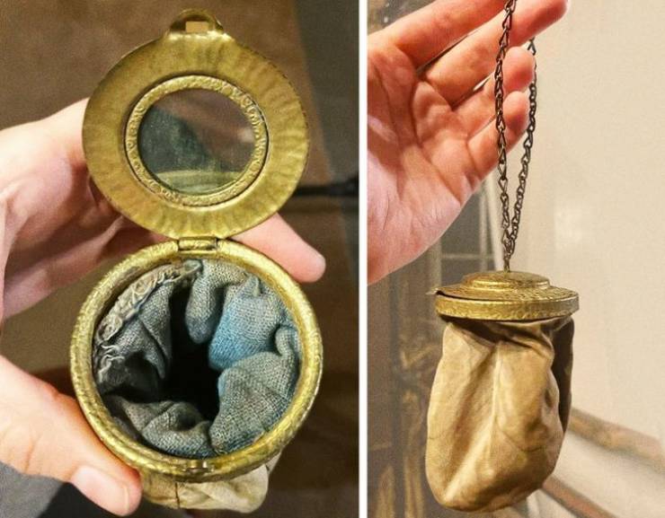 “Found in an old barn: the lid inside holds a mirror, the bag appears to be burlap inside and a different material on the outside, is blue inside and has no smell.”
The answer: "It’s a lady’s reticule (a tiny handbag popular in the 19th-early 20th century)."