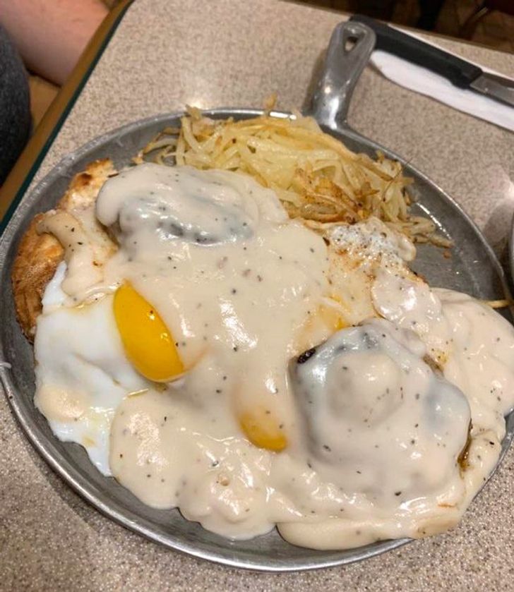 “This is what happens when curiosity gets the best of you and you order ’eggs benedict’ at the truck stop.”