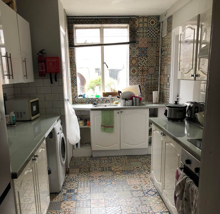 “My landlord decided to re-tile the kitchen... from top to bottom apparently. We were worried that the ceiling would be next!”