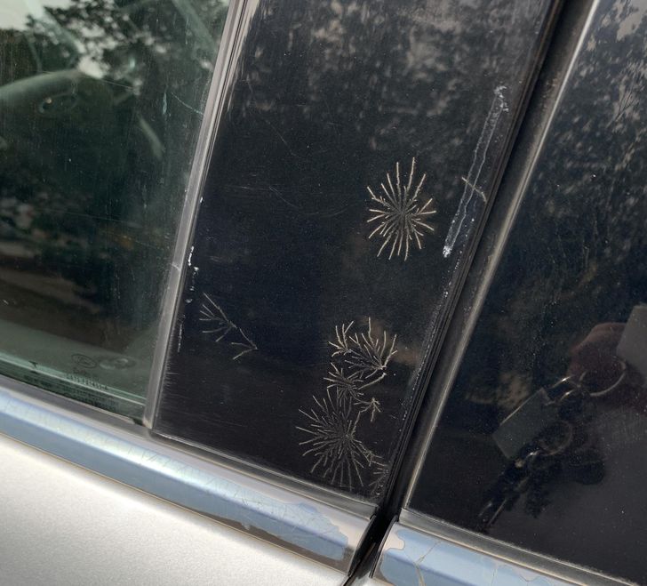 “This snowflake-shaped sand that formed on my car after a sandstorm”
