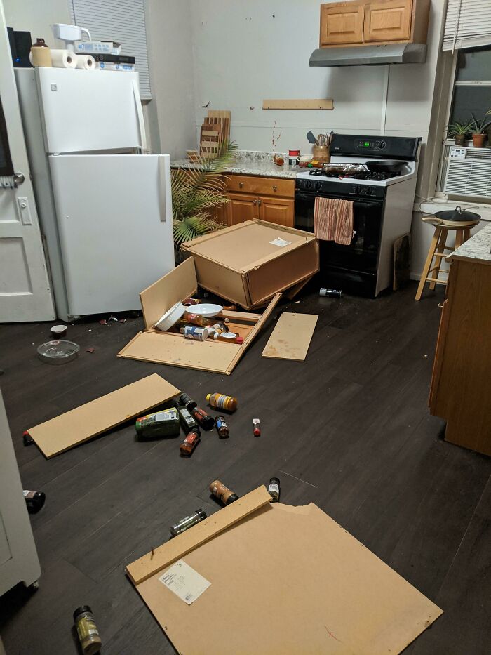 home repair fails - cabinet fell off wall