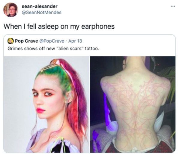shoulder - seanalexander When I fell asleep on my earphones Pop Crave Apr 13 Grimes shows off new "alien scars" tattoo.