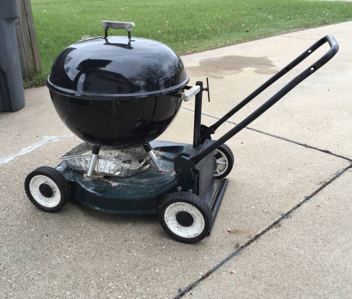 “A man bolted his grill onto an old lawnmower so it's easier to move around.”