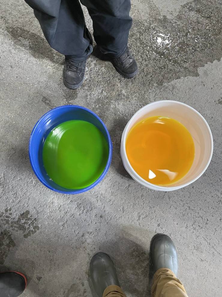 “The same color liquid in different colored buckets makes for an interesting comparison/contrast.”