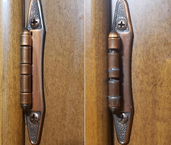 Hinges: rarely used kitchen cabinet vs. pantry door loaded with canned foods on the shelves. They were installed at least 50 years old.