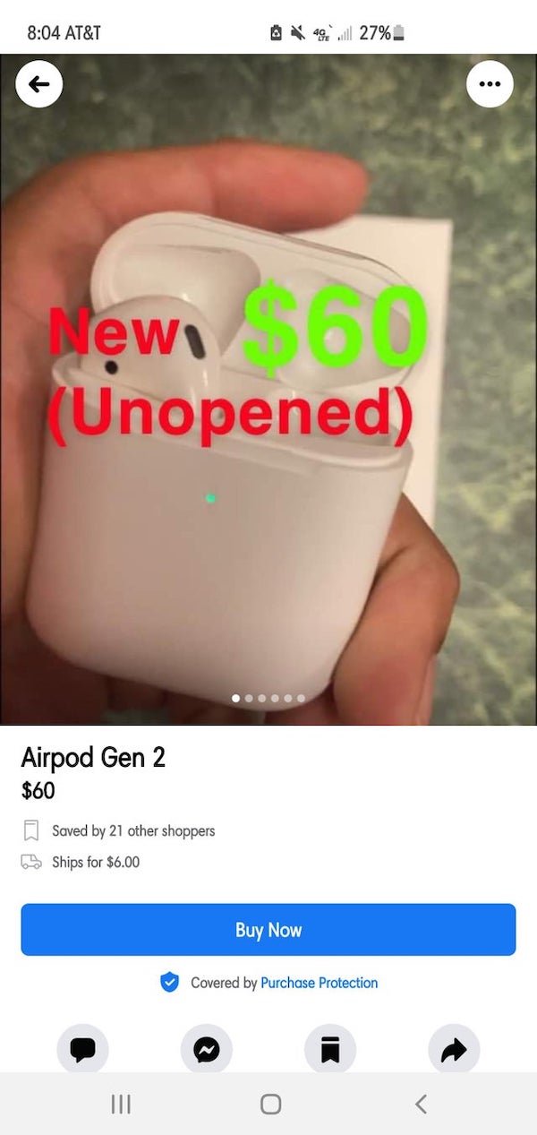 jaw - At&T 27% Mewo Unopened Airpod Gen 2 $60 Saved by 21 other shoppers 6 Ships for $6.00 Buy Now Covered by Purchase Protection Iii