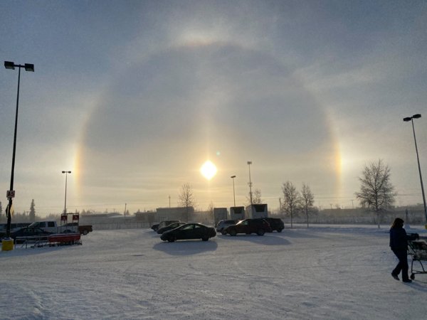 Fairbanks, Alaska,

Cold weather phenomenon called a Sun Dog.
